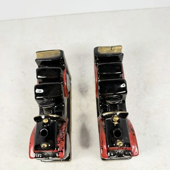 Vintage Japan Ceramic Antique Car Bookends Red Black Gold 6"x3" Pair - Picture 6 of 7
